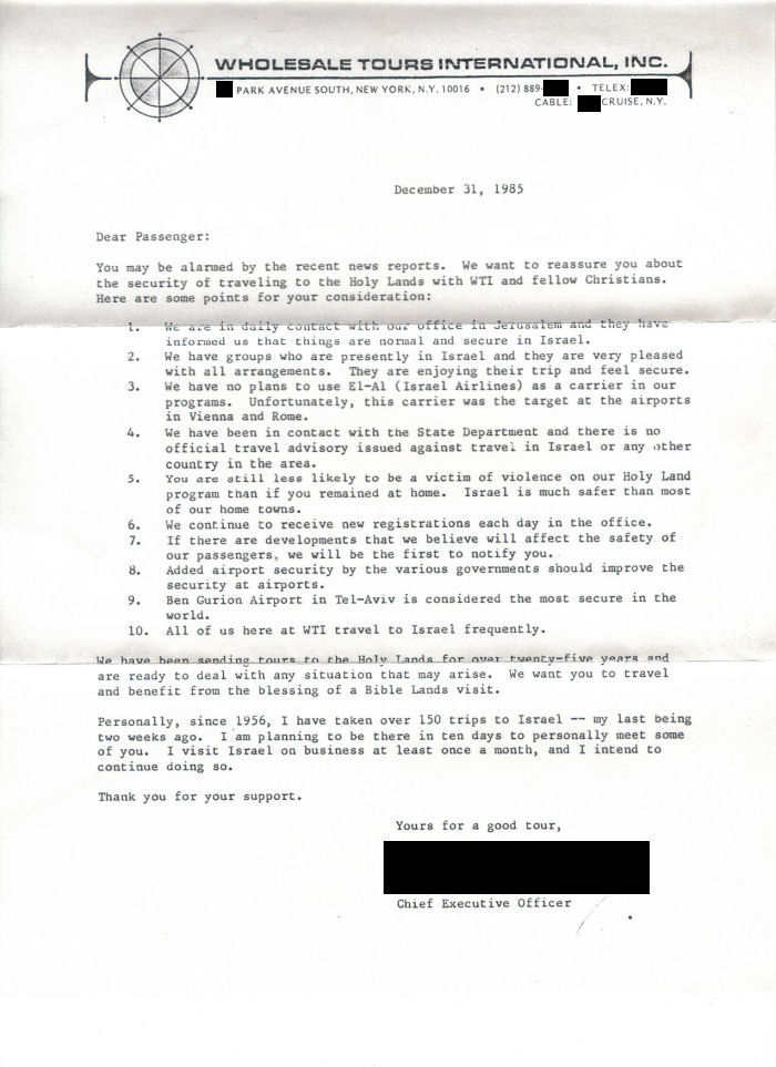 1986 Trip to Israel letter of reassurance